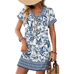 Casual T-Shirt Dress with V-Neck – Short Sleeve Flowy Summer Dress with Pockets